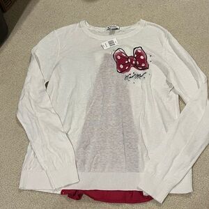 White Long Sleeve Minnie Mouse Sweater with Pink Bow Design